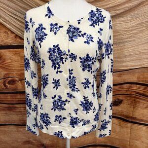 Women's Charter Club Button up Sweater Navy Blue Embroidered White polka dot M
